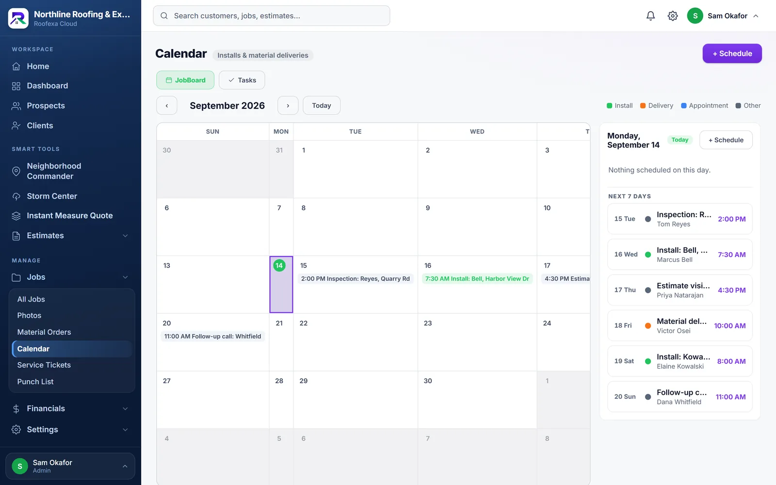 The Roofexa calendar with installs, a material delivery and inspections, and the next seven days listed beside it
