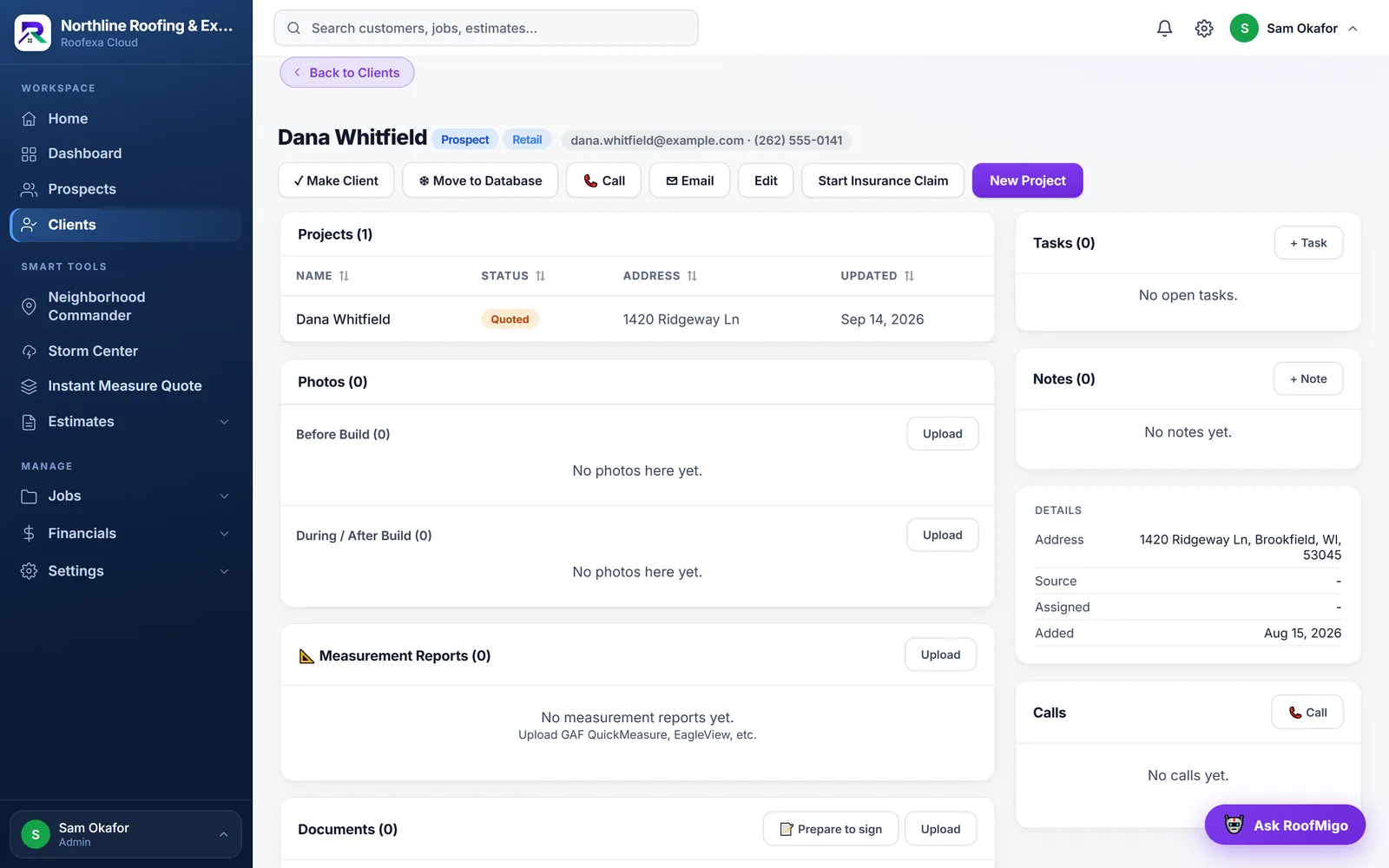A customer card in Roofexa with the project, tasks, notes, photos, measurement reports and documents
