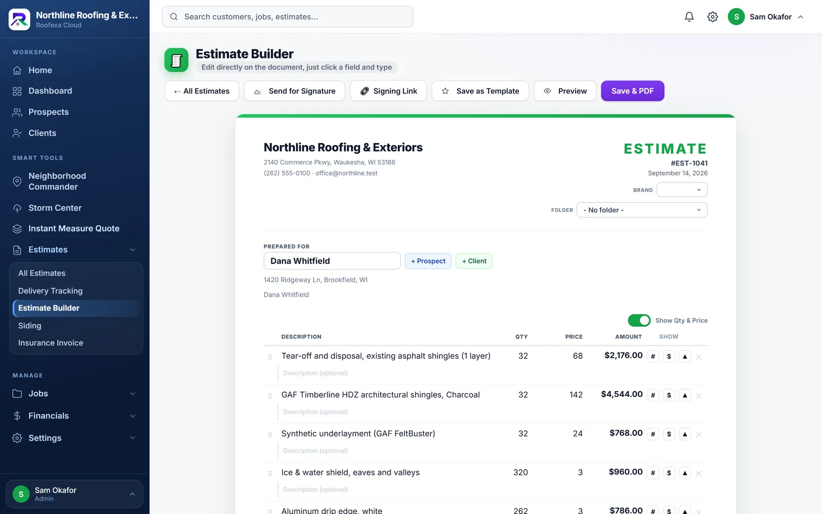 The Roofexa estimate builder: an editable proposal with line items, quantities, prices and totals