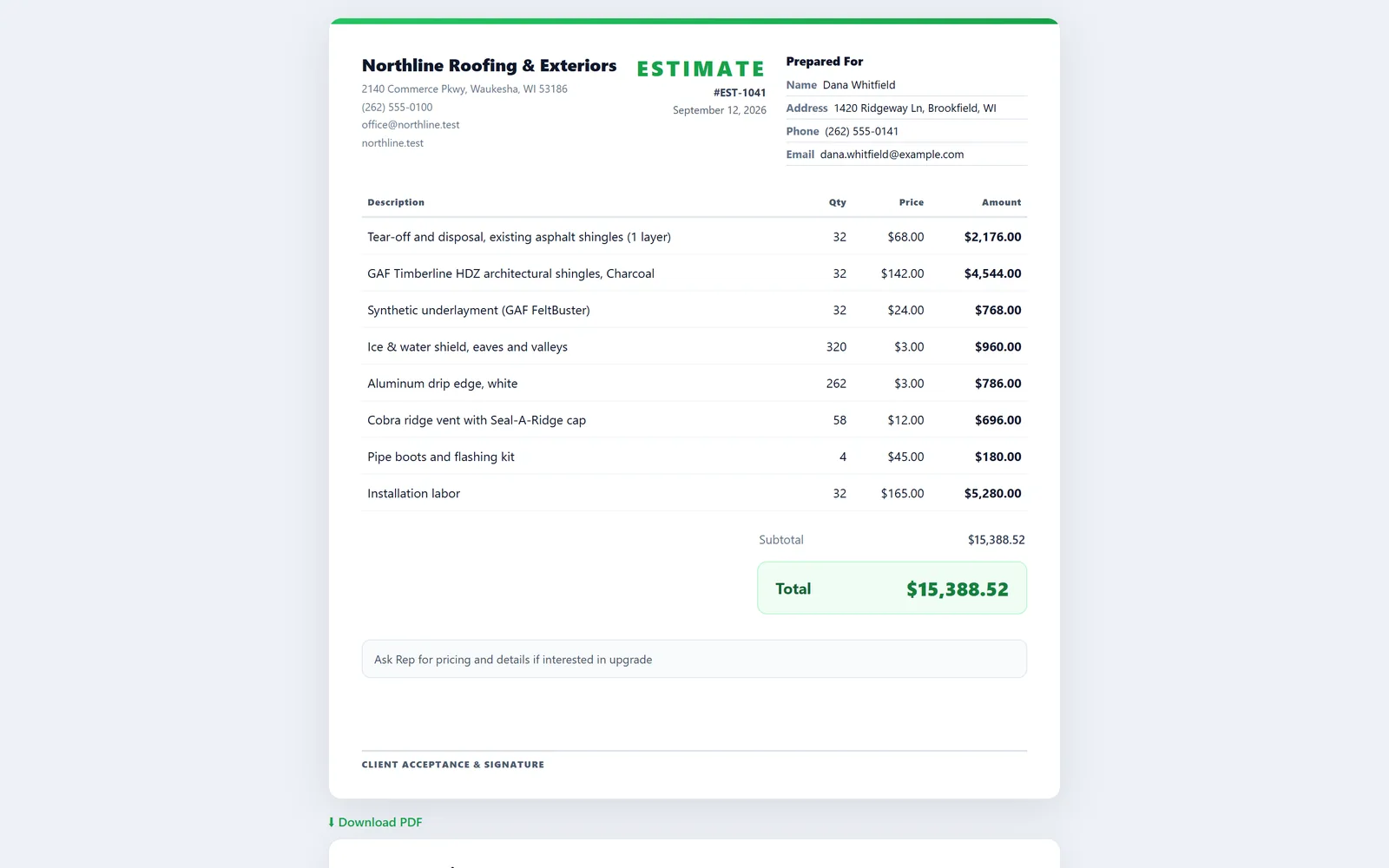 A Roofexa estimate as the homeowner sees it, ready to sign