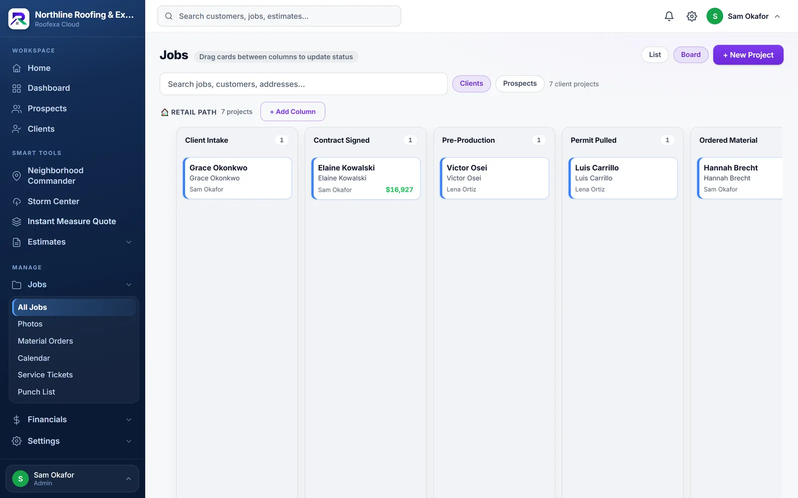 The Roofexa job board: client jobs in columns from client intake through contract signed, pre-production, permit pulled and ordered material